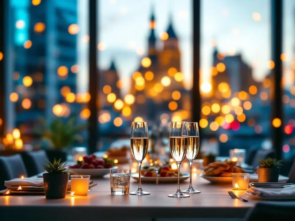 Elegante zakelijke feestlocatie in Amsterdam met champagne, catering en moderne kantoorarchitectuur met stadsuitzicht