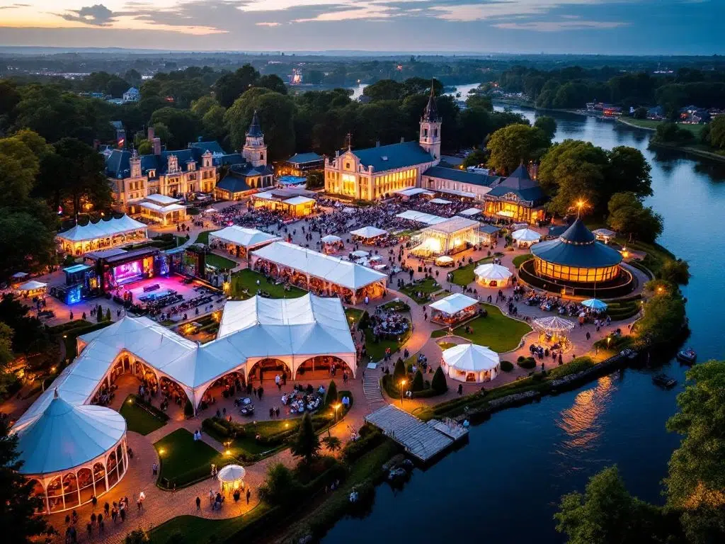 Luchtfoto van Nederlands kasteel met bedrijfsfestival, witte tenten, verlichte podia en honderden gasten op avond