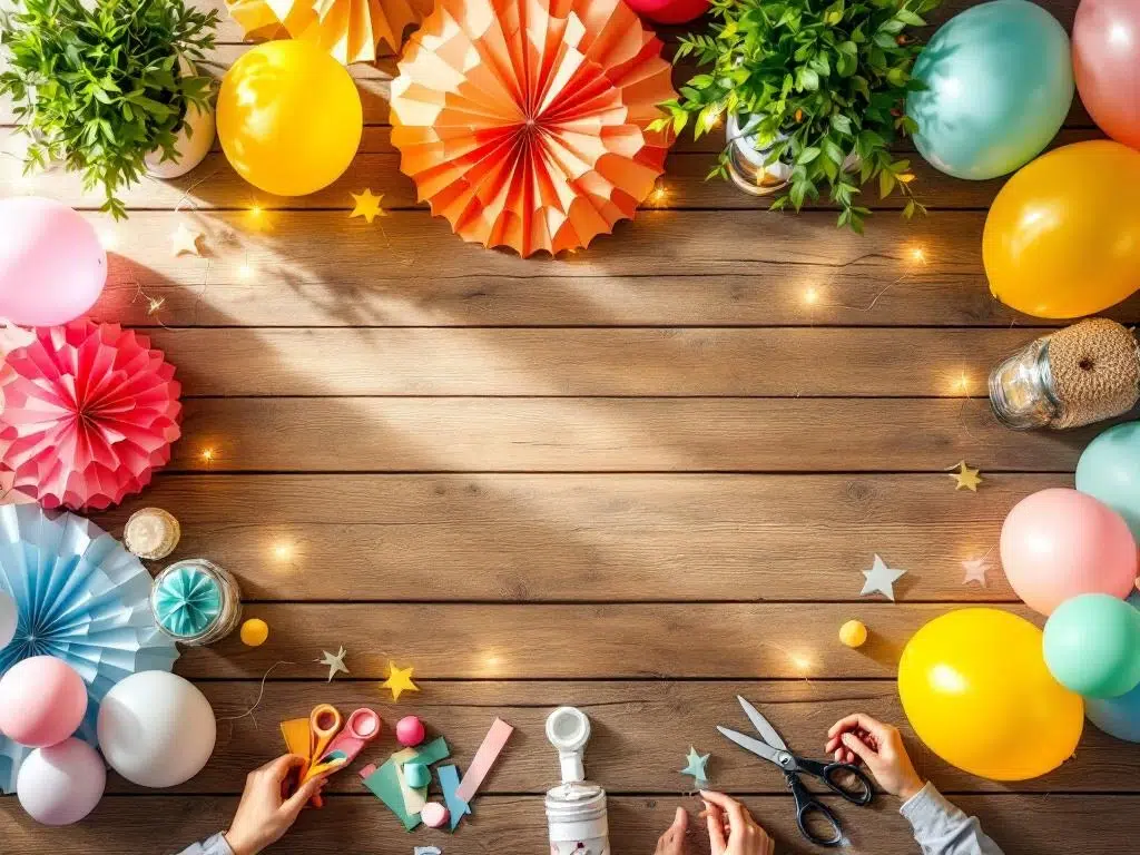 Budget-friendly party decorations arranged on wooden table including DIY streamers, bunting, mason jar lights, and balloons