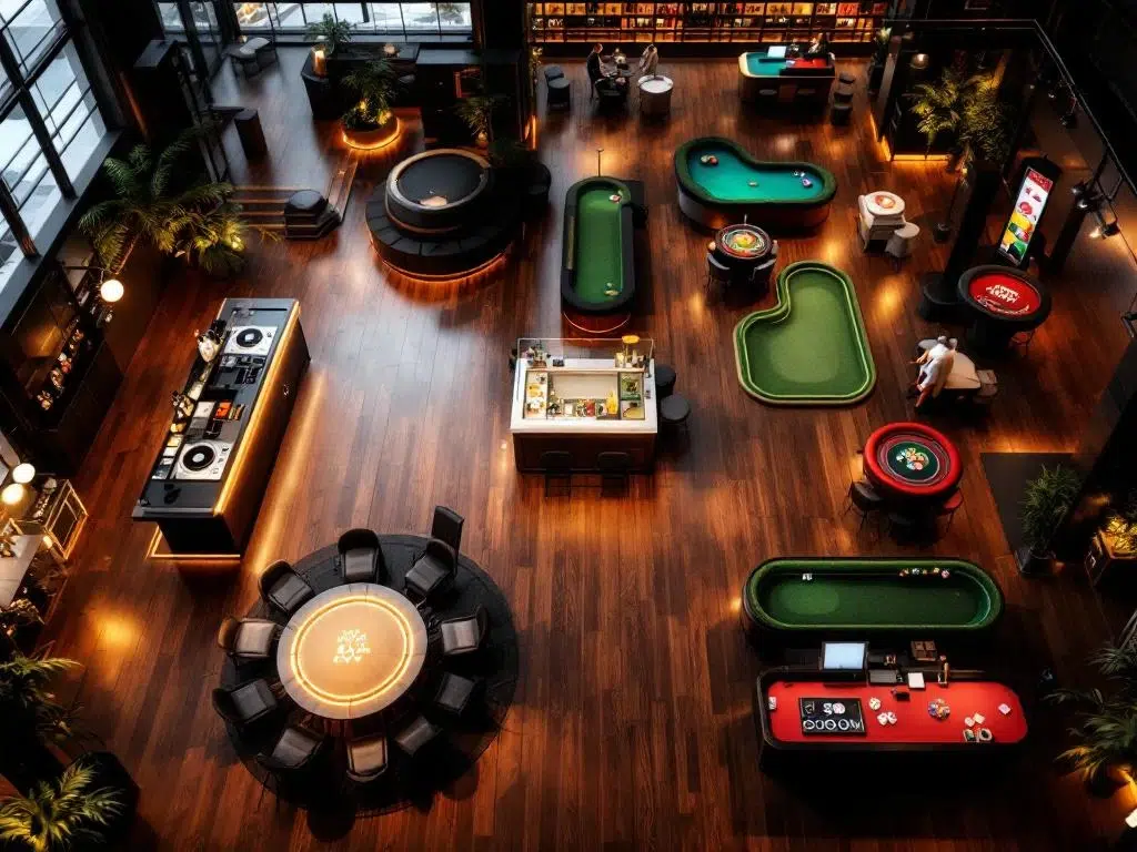 Luxe corporate evenementenruimte in Amsterdam met DJ-booth, cocktailbar, casino tafels en minigolf onder warme verlichting