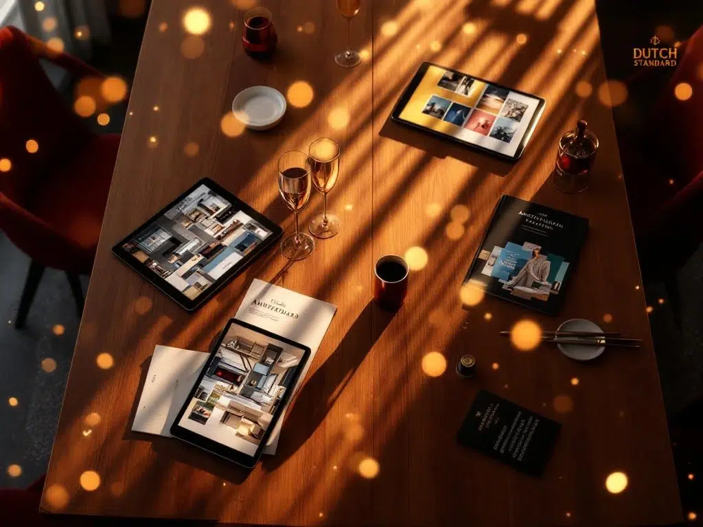 Bovenaanzicht van luxe evenementenplanning opstelling met tablets, brochures Amsterdam venues en champagneglazen op houten tafel