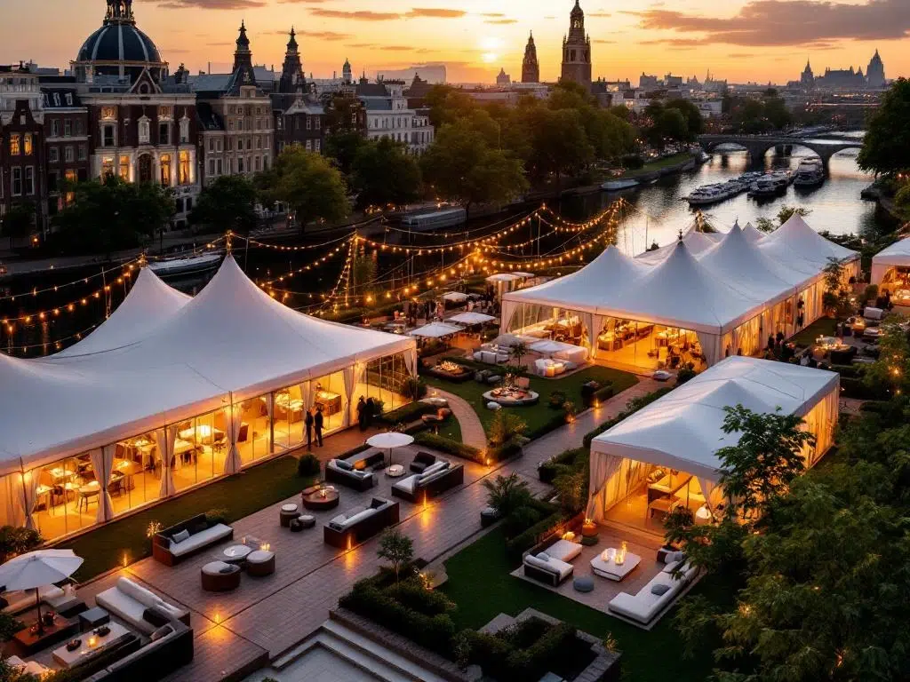 Elegant outdoor corporate event venue with illuminated white marquee tents and lounge areas along Amsterdam canals at sunset.