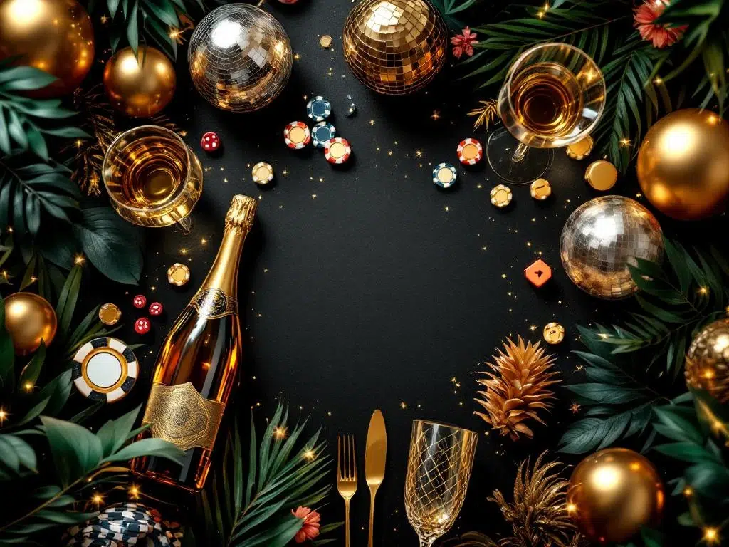 Luxe bedrijfsfeest decoratie met gouden en zwarte elementen, casino accessoires, disco ballen en wijnglazen in Amsterdam