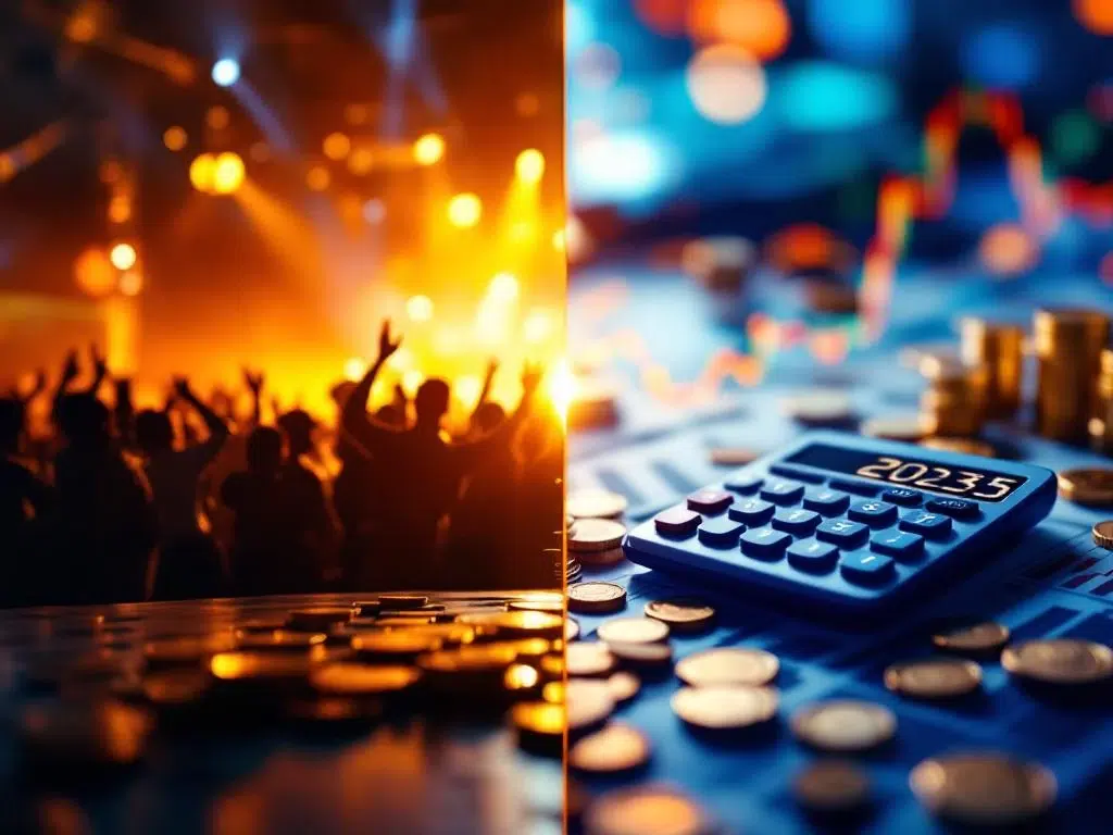 Split-screen showing business professionals celebrating at corporate event versus calculator with 2025 and coins on investment charts