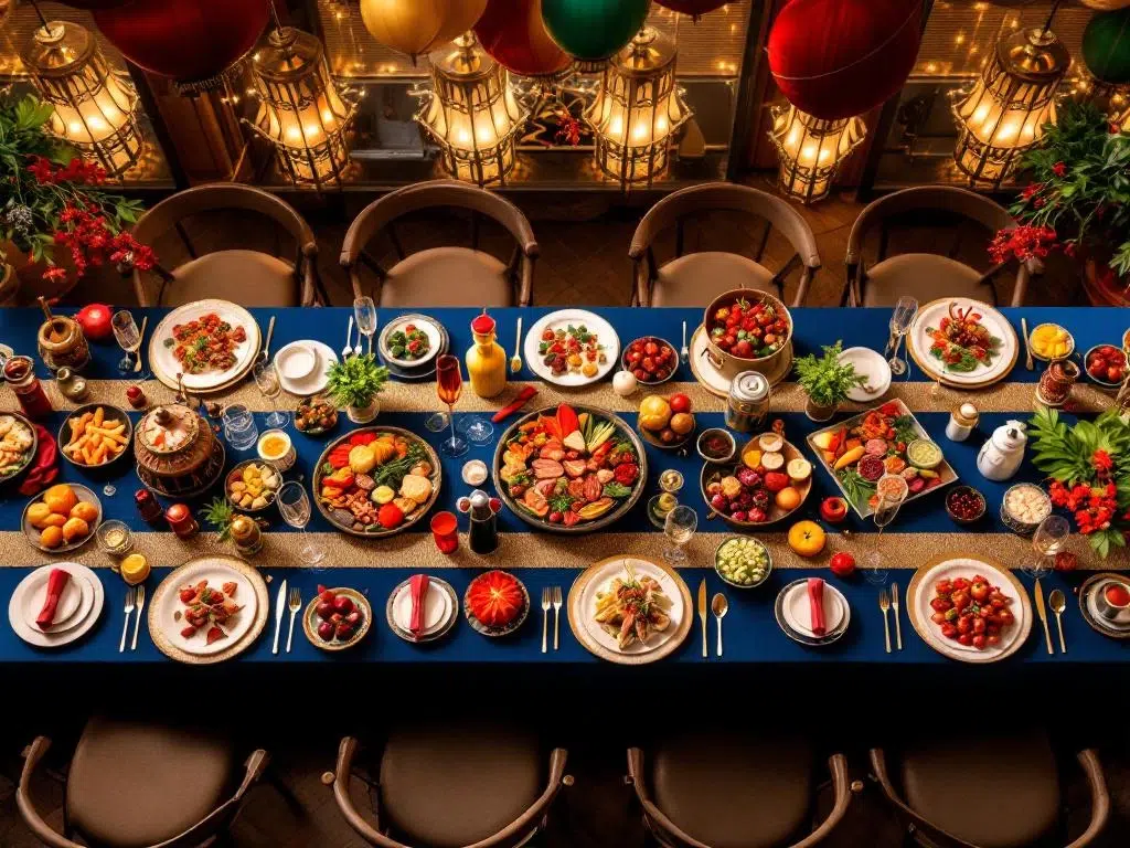 Overhead view of elegant corporate celebration with diverse international cuisine, cultural decorations, and festive table settings