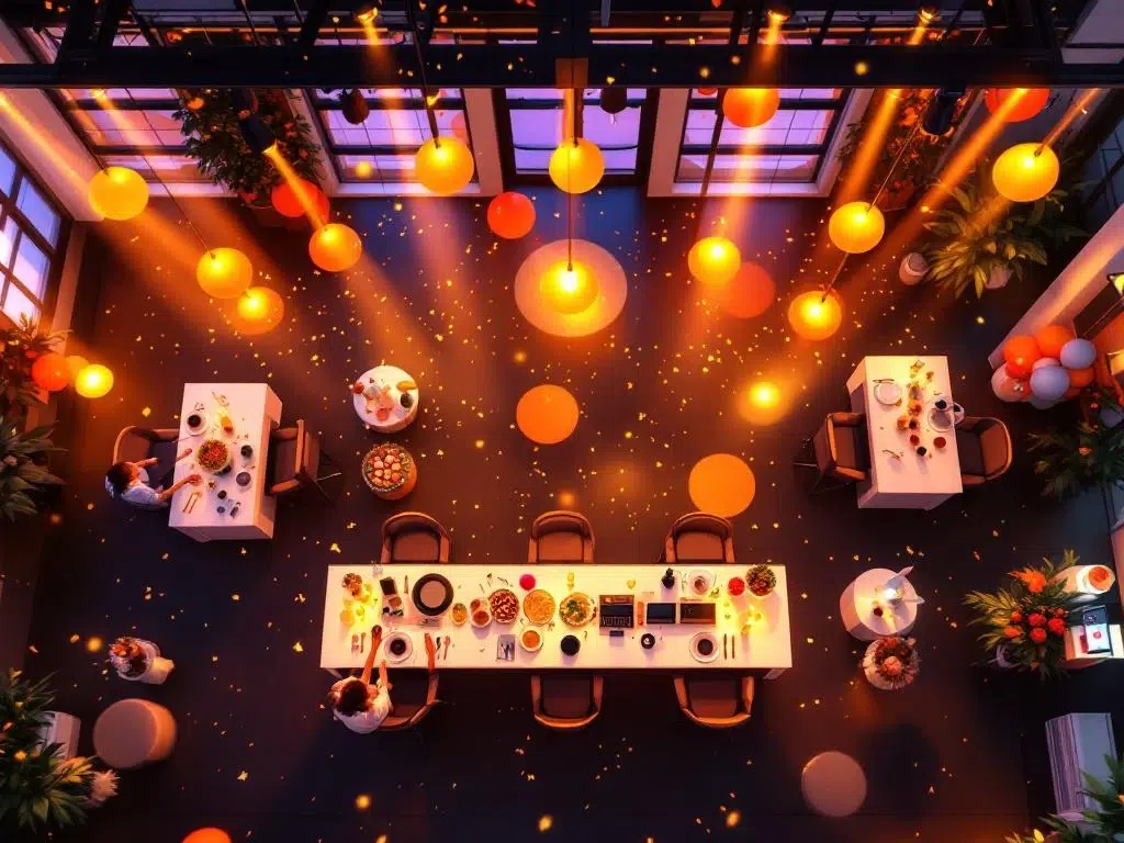 Elegant corporate party setup with champagne glasses, confetti, balloons, and catering displays in modern office space