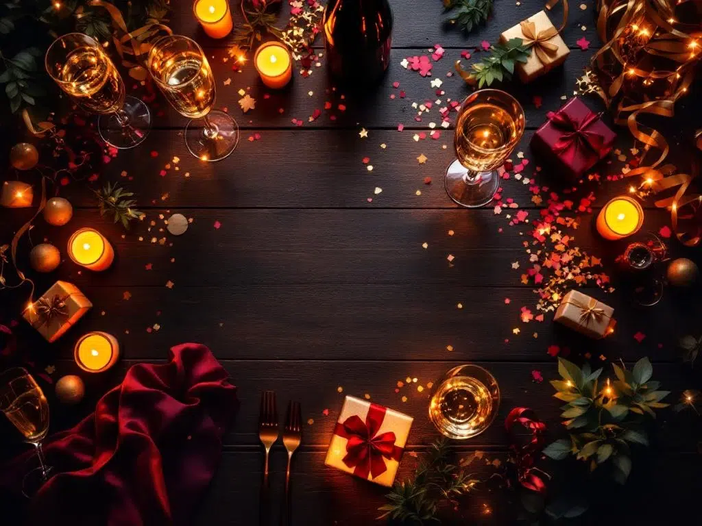 Elegant corporate party table with champagne glasses, confetti, gift boxes and candles in warm golden lighting overhead view