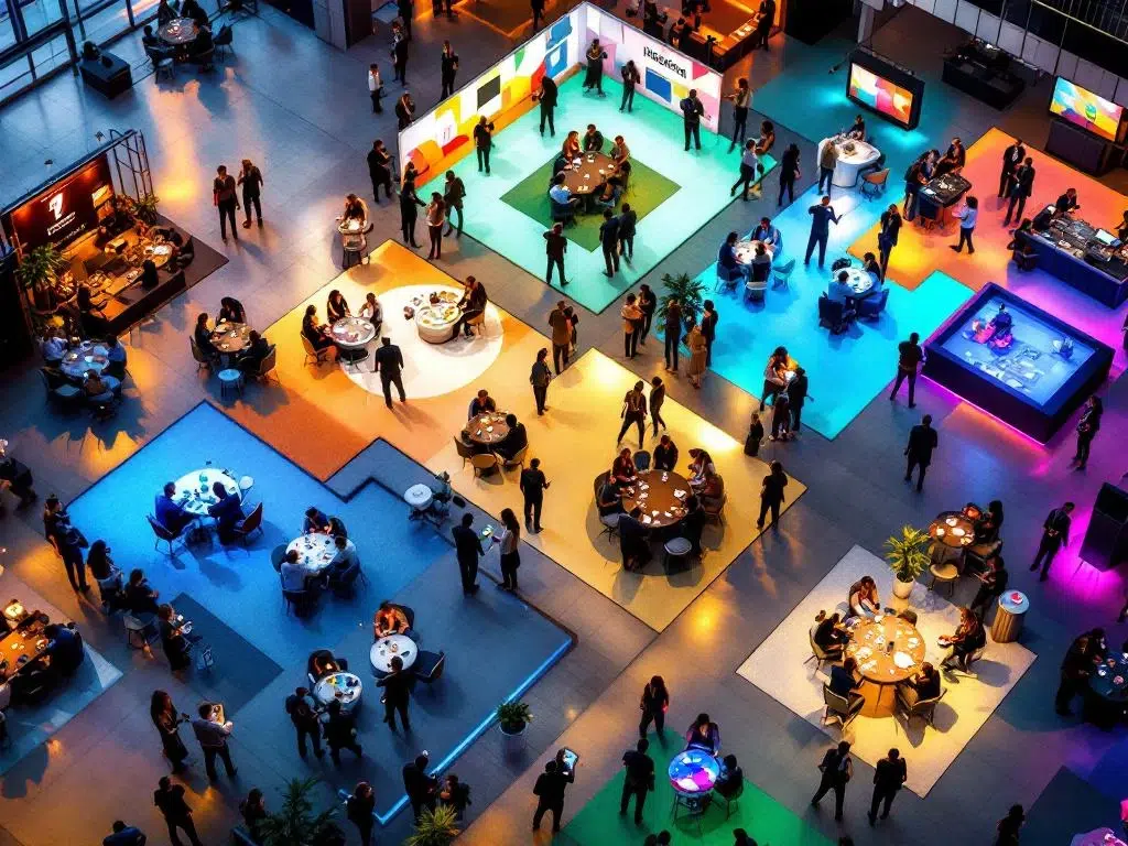 Aerial view of corporate team building event with employees at activity stations, cocktail tables, and games in modern venue