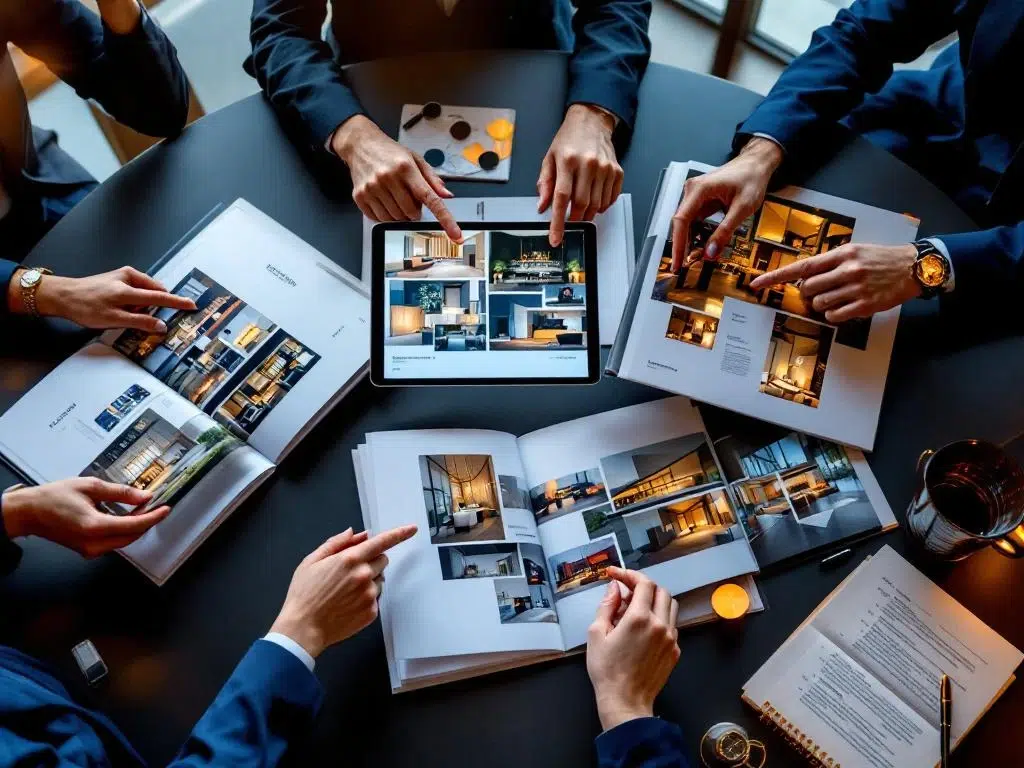 Overhead view van conferentietafel met open event planning portfolio's, tablet met venue vergelijkingen en Amsterdam skyline