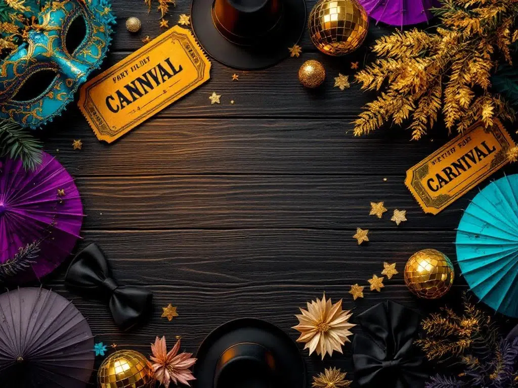 Party planning supplies including masquerade masks, bow ties, disco balls, and invitation cards arranged on dark wood table