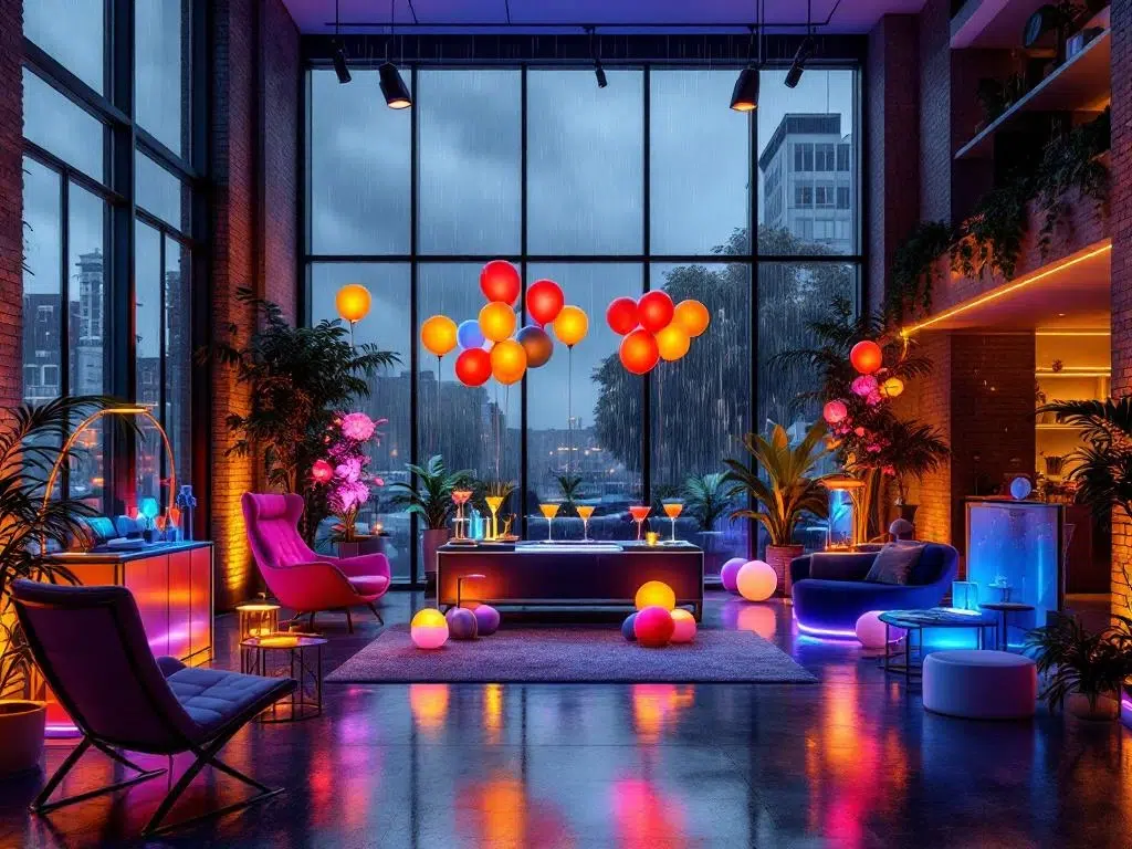 Kantoorruimte omgetoverd tot feestlocatie met kleurrijke LED-verlichting, ballonnen en cocktailbar tijdens regenachtig weer buiten.