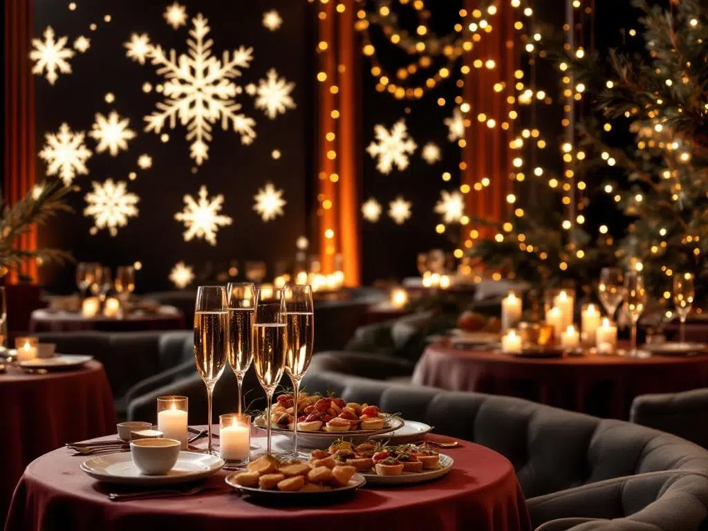 Luxe zakelijke winterfeest in Amsterdam met cocktailtafels, champagne en gouden verlichting voor corporate events