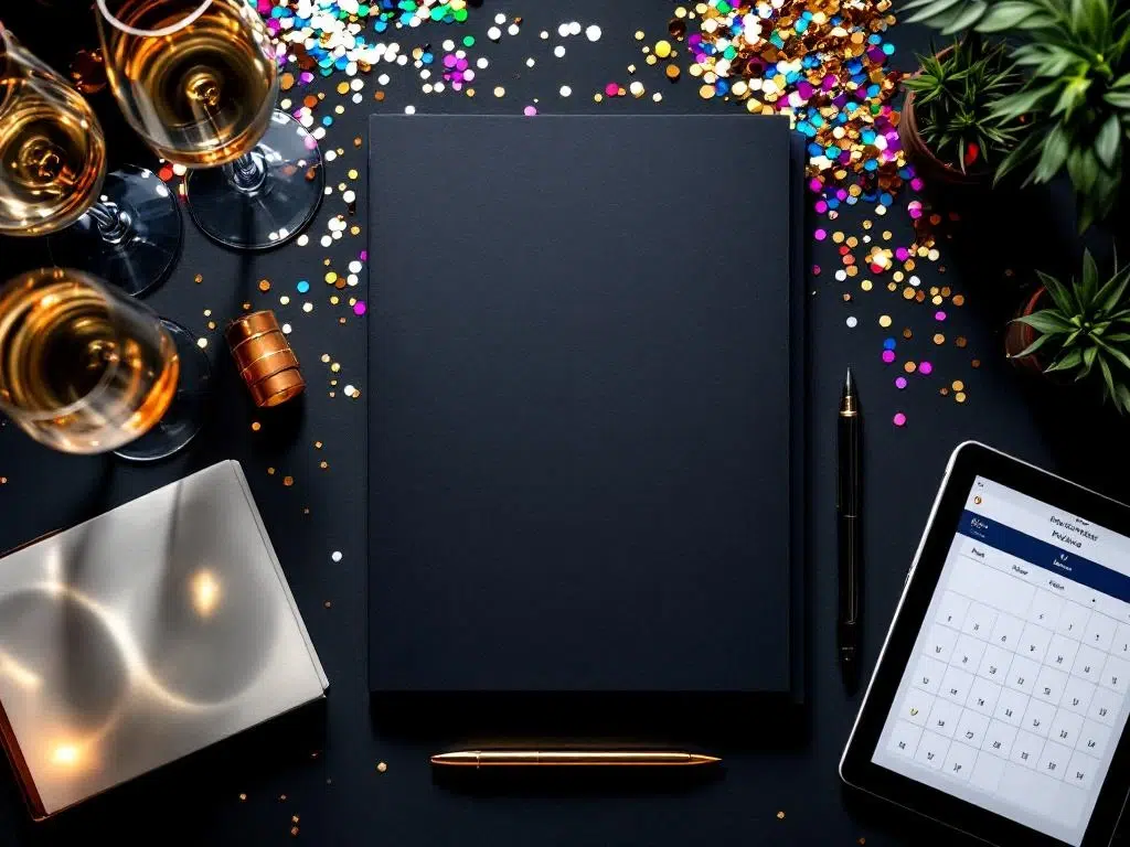 Checklist met gouden vinkjes op bureau met champagneglazen, confetti, tablet en planten vanuit vogelperspectief