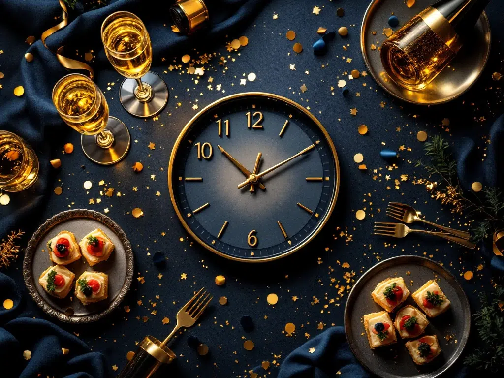 Elegante zakelijke feestscène met klok op 20:00, champagneglazen, canapés en goud-blauwe confetti van bovenaf gezien