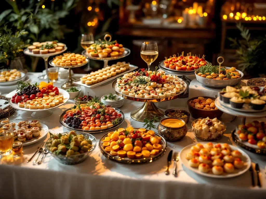 Elegant corporate catering spread with gourmet appetizers, colorful canapés, and crystal glasses on white linens