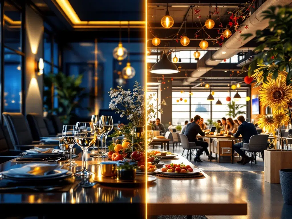 Split-screen corporate celebration: formal executive boardroom with mahogany and crystal versus casual office party space