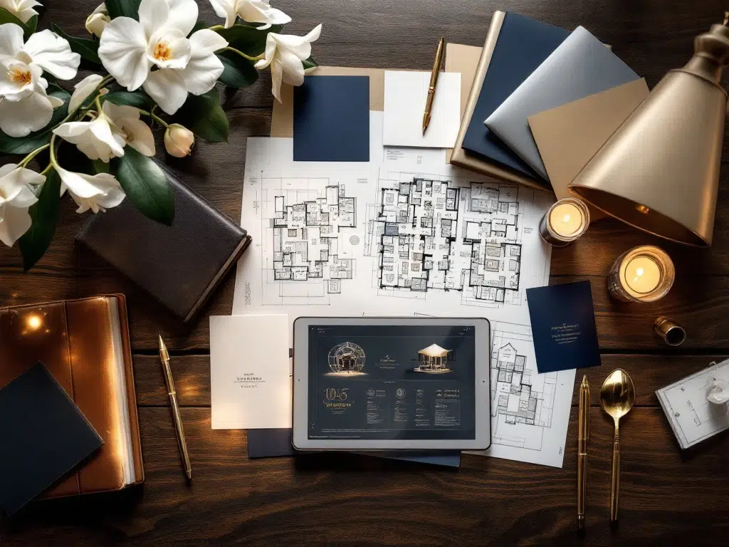 Corporate event planning workspace with notebooks, blueprints, color swatches, tablet, and orchids on wooden conference table