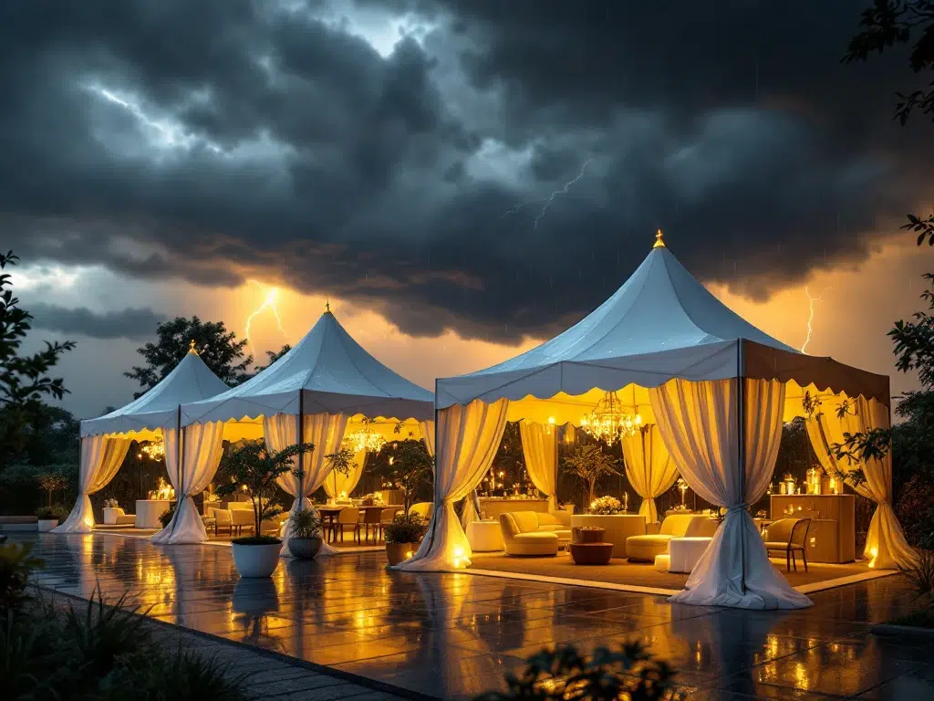 White event tents with golden interior lighting standing strong against dark storm clouds and lightning during outdoor corporate event