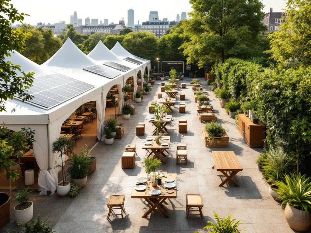 Bovenaanzicht van duurzaam evenement met zonnepanelen, gerecyclede houten meubels en groene muren in Amsterdam