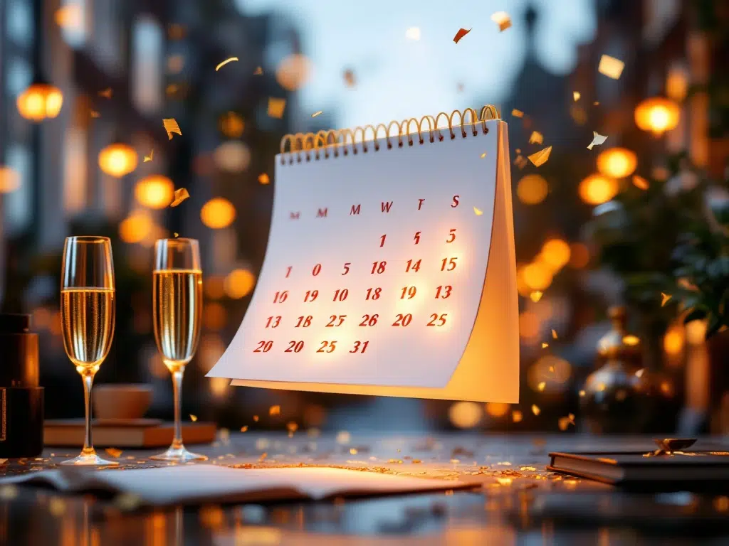 Zwevende kalender met gouden lichtstralen die specifieke datums markeren, omringd door champagneglazen en confetti