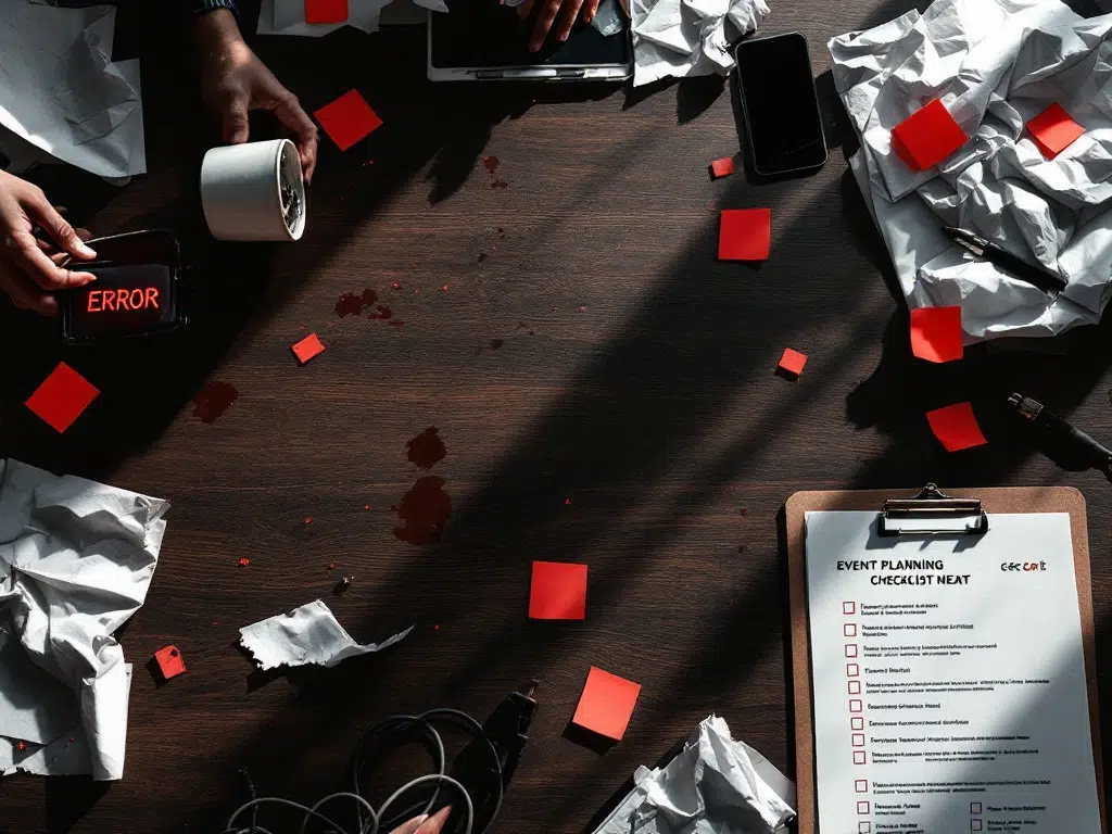 Chaotic conference table with spilled coffee, crumpled papers, broken clipboard, and smartphone showing error message