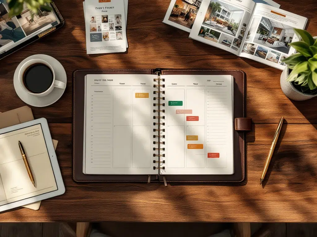 Event planner's wooden desk with open calendar, gold pens, invitation samples, tablet showing venue layouts, and coffee cup
