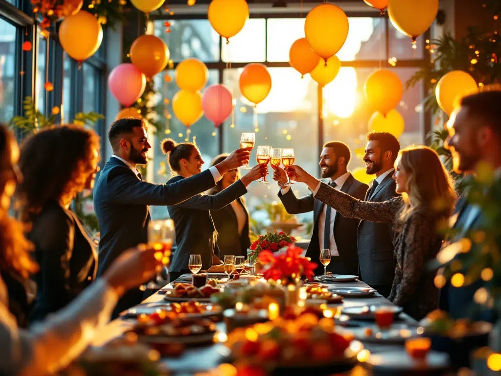 Diverse professionals in business kleding heffen glazen voor toast tijdens kantoorfeest met warme verlichting
