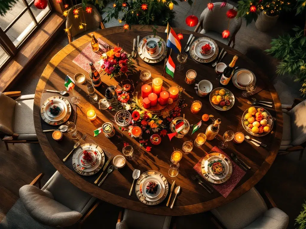 Aerial view of elegant conference table with multicultural celebration elements including sake cups, beer steins, rangoli patterns, and carnival masks in warm lighting