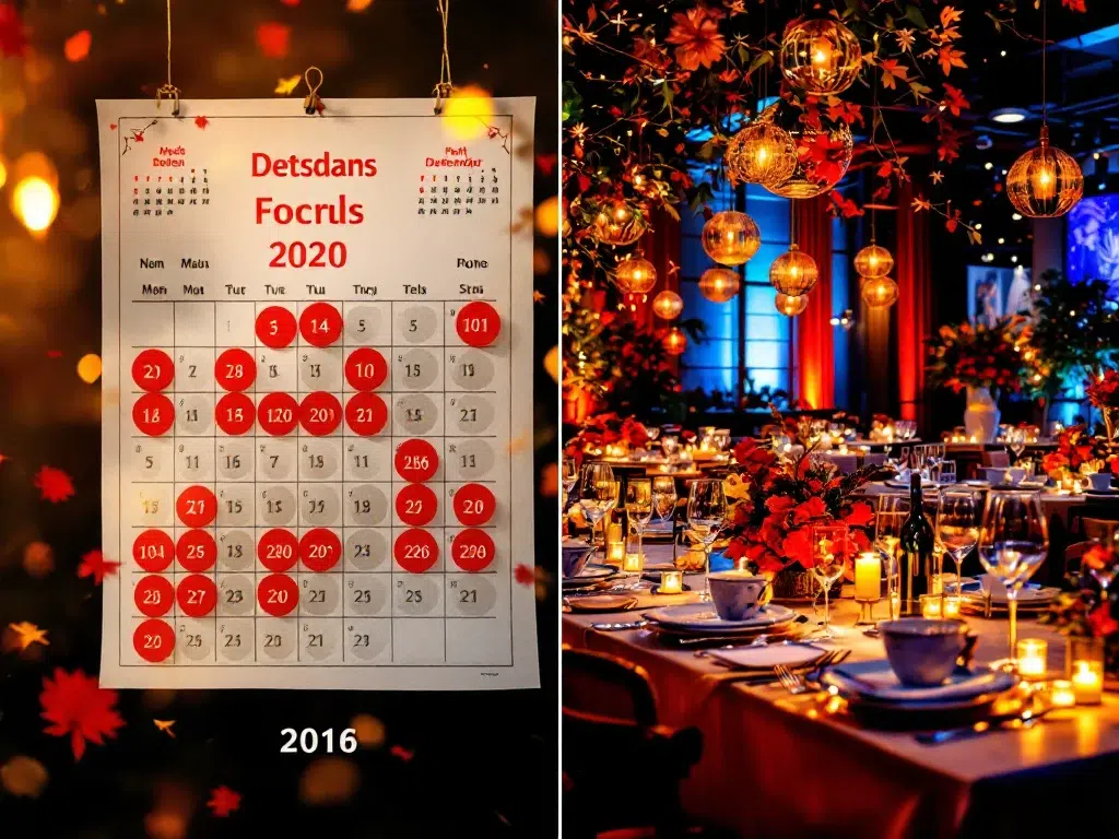 Nederlandse feestdagen kalender naast elegante bedrijfsfeest locatie in Amsterdam met professionele decoratie en verlichting