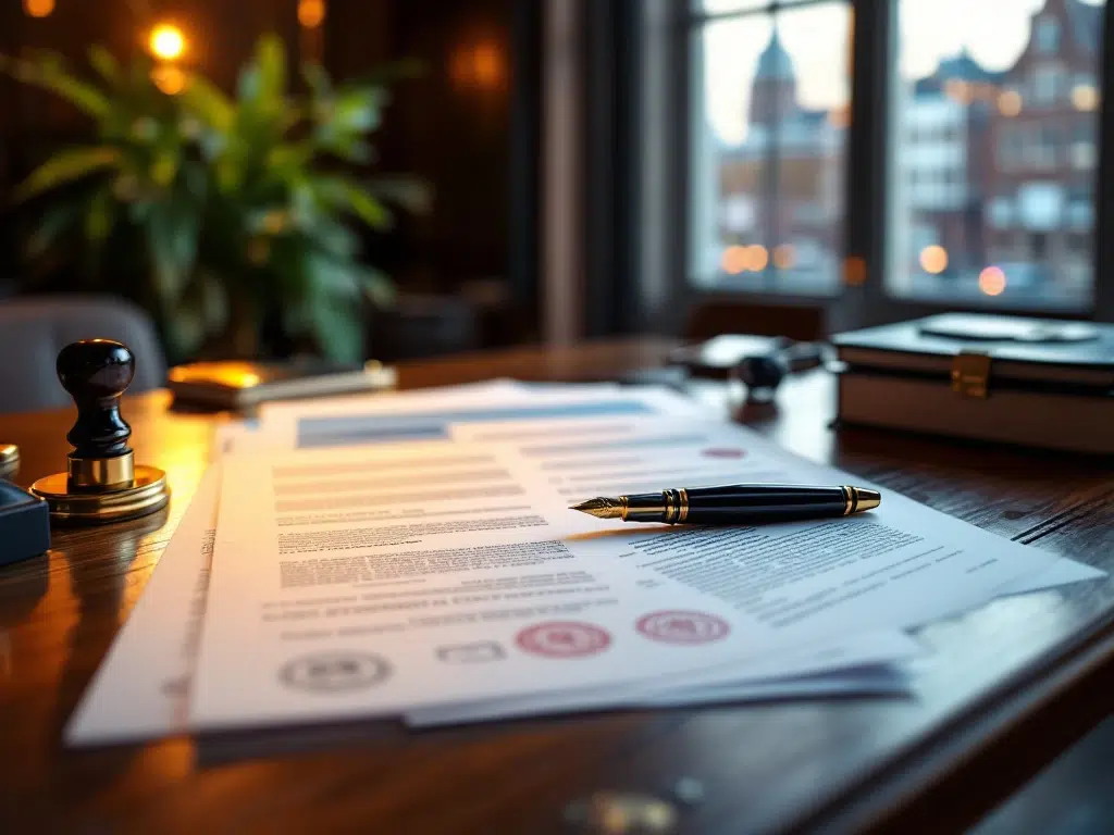 Wooden desk with Dutch government documents, stamp and pen, Amsterdam office buildings in background
