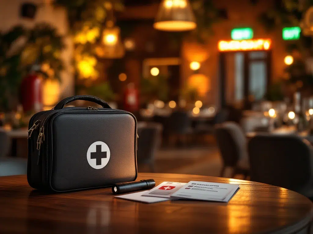 Emergency preparedness kit with first aid supplies on table at elegant corporate event venue with safety exits visible