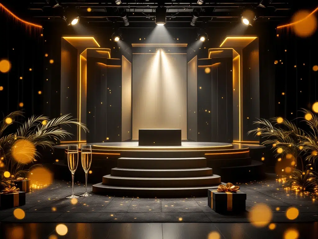 Verlichte podium met spotlights op elegant productlancering evenement in modern Amsterdam venue met gouden accenten