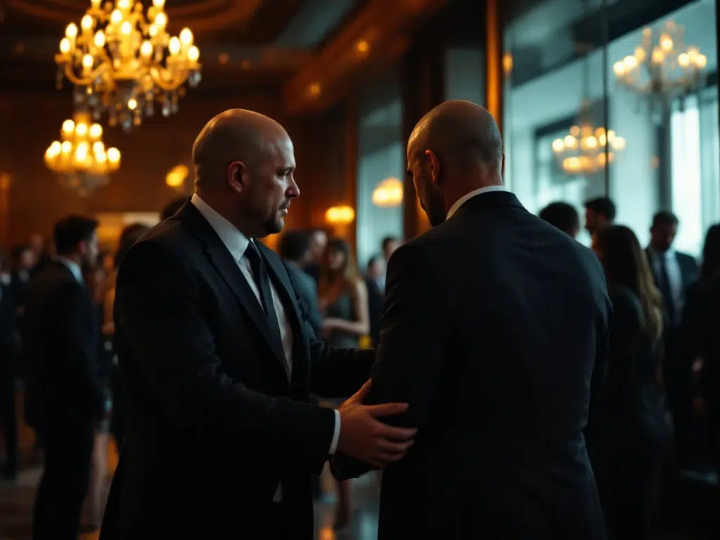 Security professional discreetly escorting unwelcome guest from elegant corporate office party with suited attendees mingling.