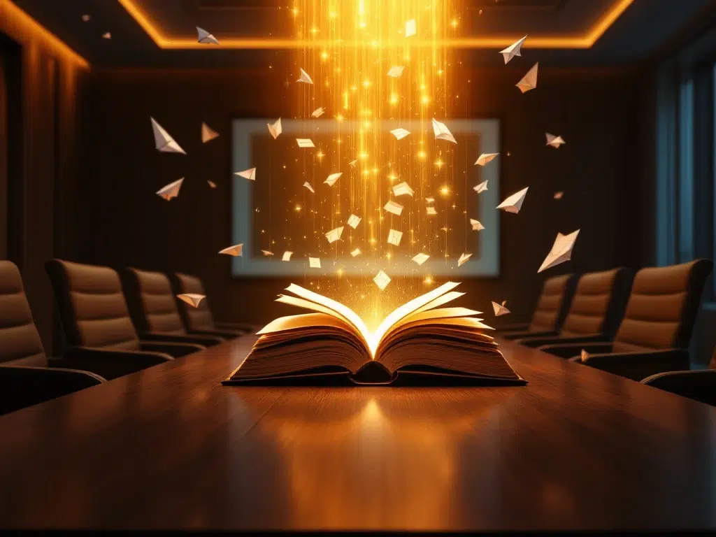 Zwevend open verhaalboek met gouden licht boven vergadertafel in moderne zakelijke conferentieruimte met papieren vliegtuigjes