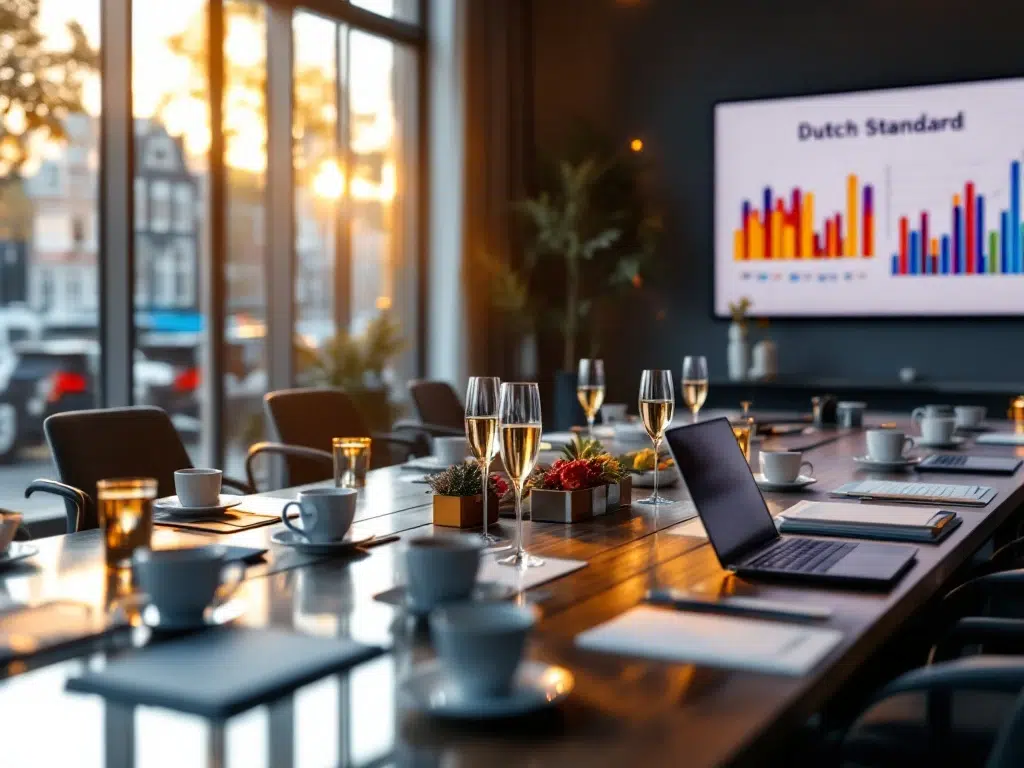 Zakelijke boardroom met laptops en documenten op conferentietafel, Amsterdam grachten zichtbaar door ramen