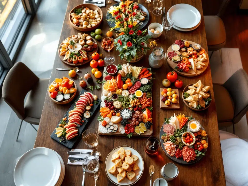 Luxe catering buffet met charcuterieplank, sushi en mezze op conferentietafel in modern Amsterdam kantoor