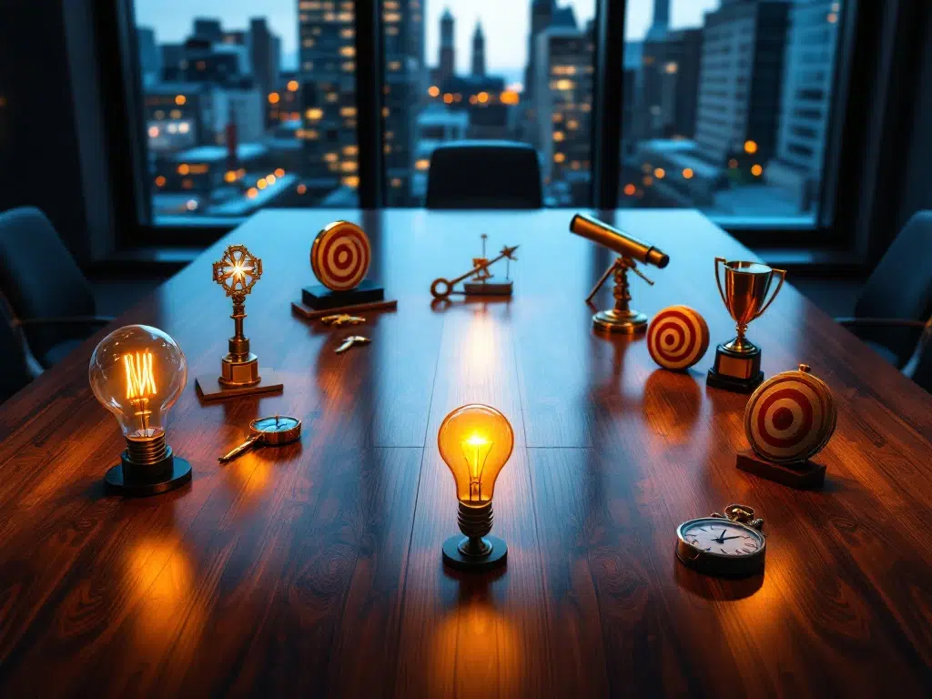 Luchtfoto van elegante houten vergadertafel met acht premium objecten in cirkel gerangschikt, Amsterdam skyline op achtergrond