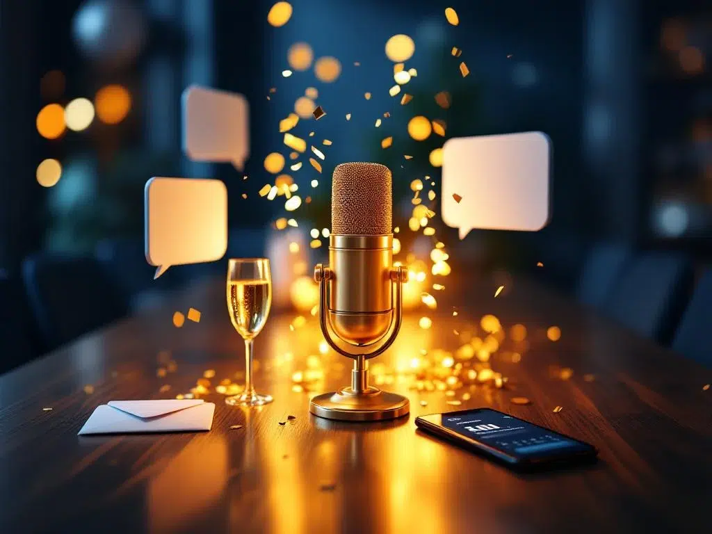 Gouden microfoon op vergadertafel omringd door communicatiesymbolen, ballonnen en confetti voor zakelijk feest