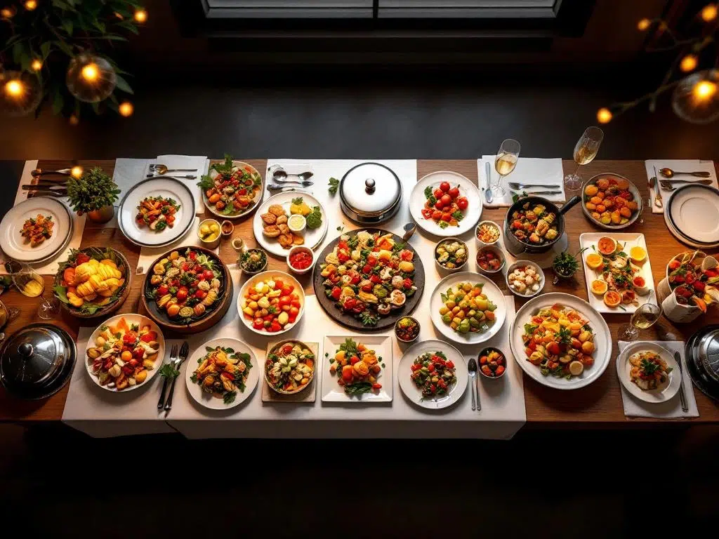 Cateringbuffet met formele gerechten, fingerfood en foodstations op elegant gedekte tafel met wit linnen