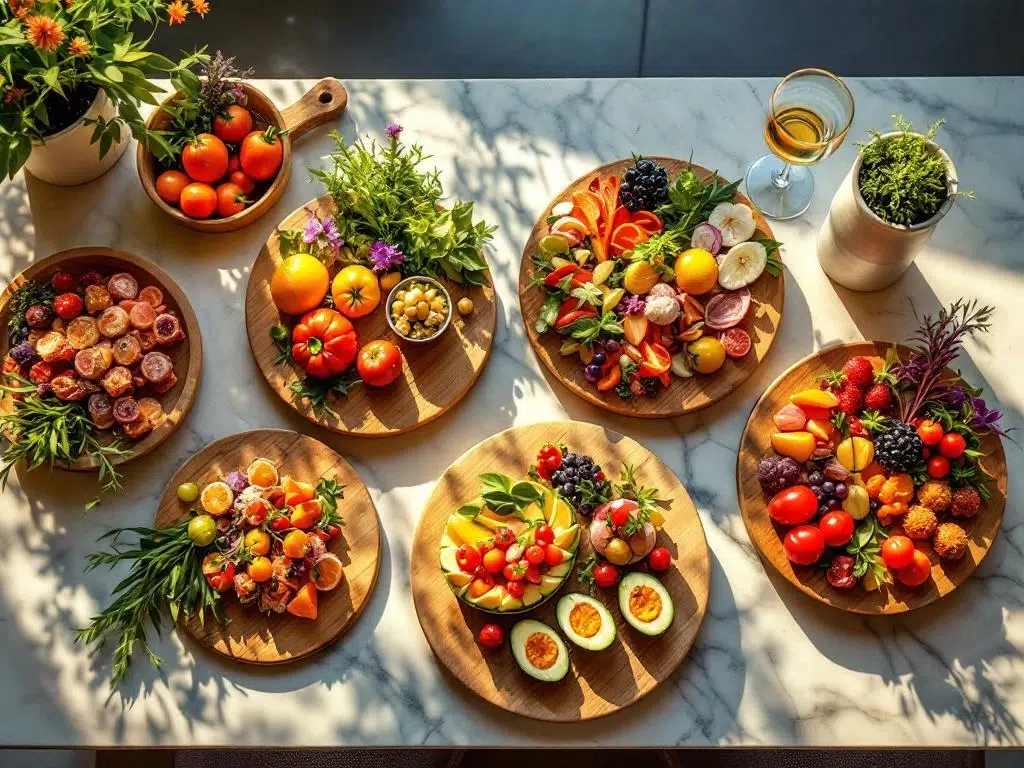 Bovenaanzicht van elegante cateringspread met plantaardige hapjes op bamboe serveerplanken op marmeren oppervlak