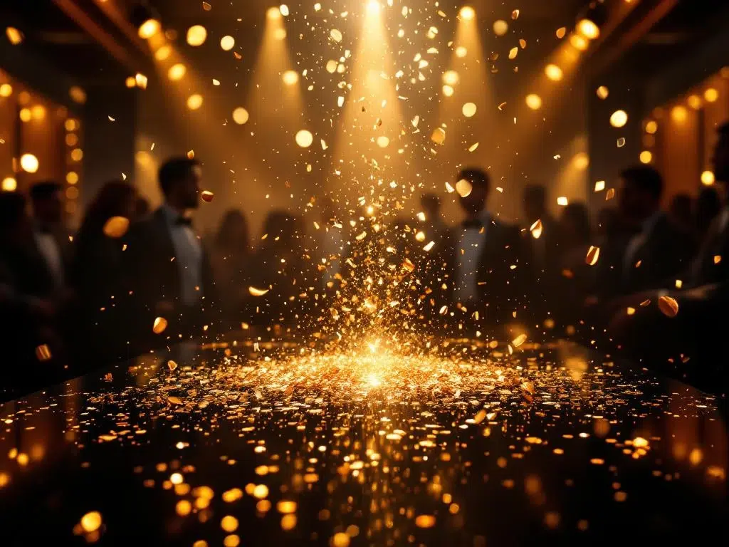 Elegant zakelijk feest met champagneglazen, confetti en gouden spotlights in luxe evenementenruimte