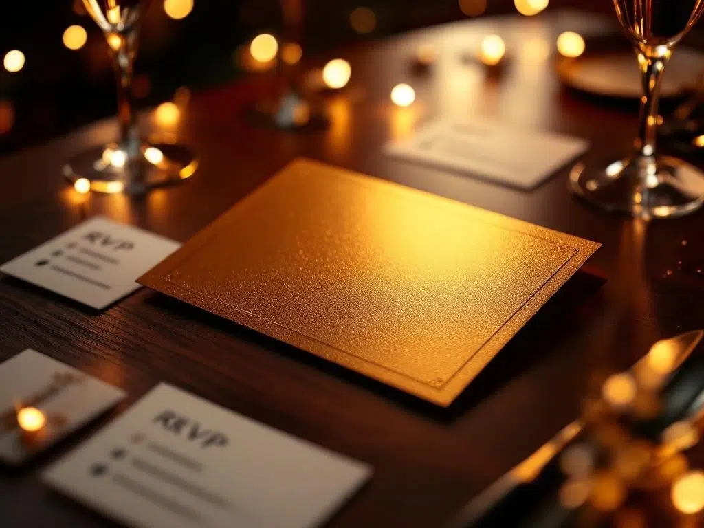 Gouden uitnodigingskaart voor zakelijk evenement op houten tafel met RSVP-kaarten en champagneglazen op achtergrond