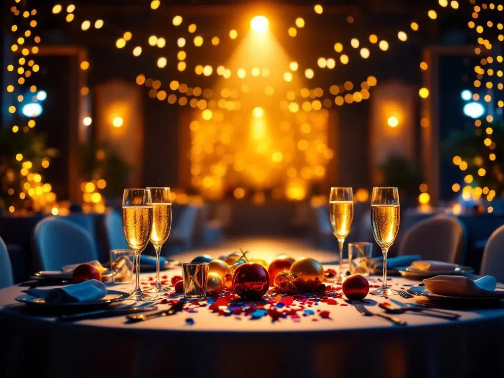 Feesttafel met champagneglazen en confetti in elegant verlichte corporate evenementenlocatie met gouden verlichting
