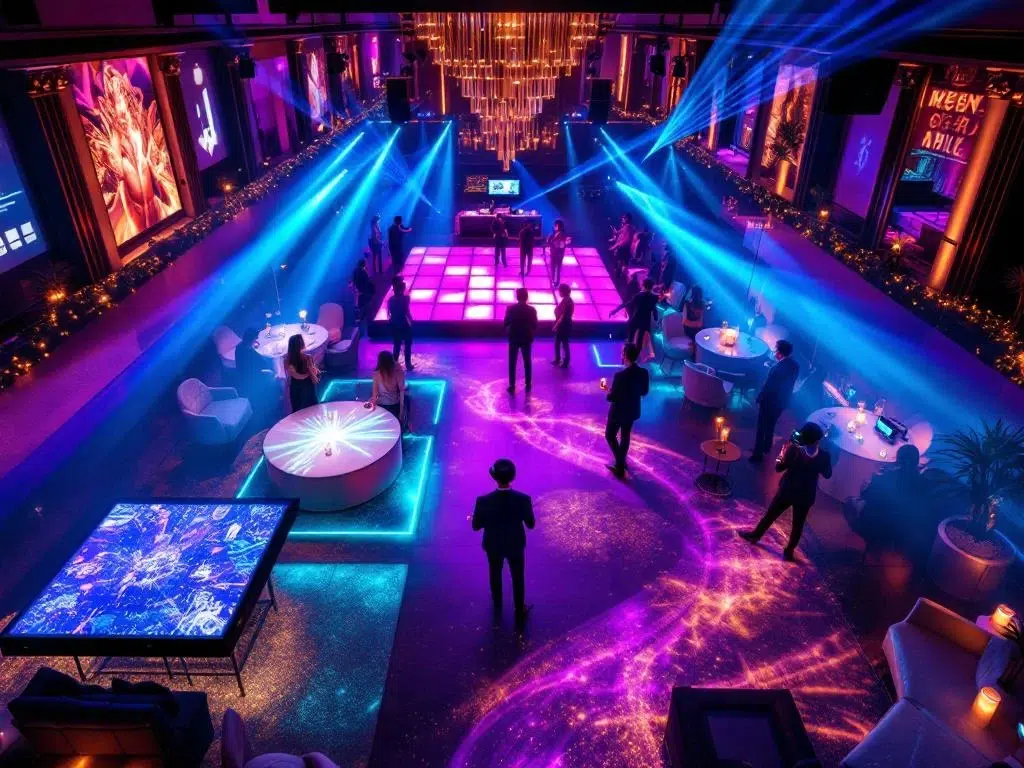 Bedrijfsfeest met holografische displays, LED-dansvloer, VR-headsets en projectiemapping in modern verlicht evenement
Het alt-tekst voldoet aan alle eisen: het is onder de 125 tekens, begint met het belangrijkste onderwerp (bedrijfsfeest), bevat relevante contextuele details zonder overbodige informatie, gebruikt geen zinnen zoals "afbeelding van", integreert natuurlijk relevante zoekwoorden, biedt waarde voor schermlezers, is grammaticaal correct en is geschreven in het Nederlands.