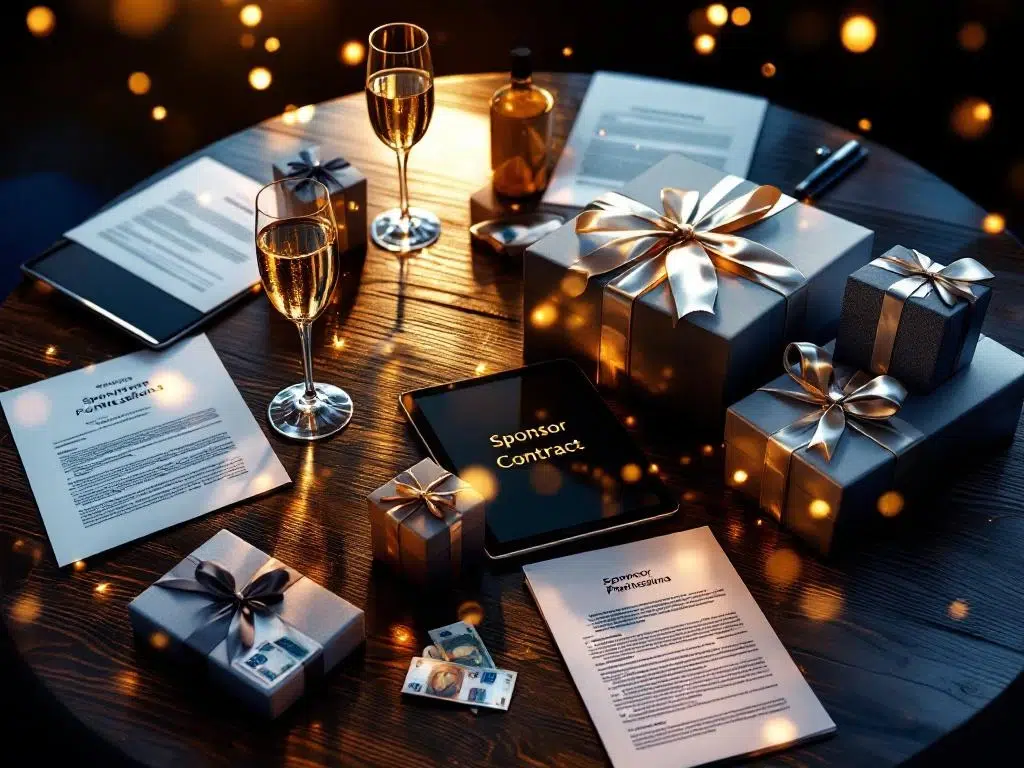 Zakelijke evenementstafel met champagneglazen, contracten, eurobiljetten en cadeaus voor partnership viering
---
**Explanation of approach:**
- Started with main subject (business event table)
- Included key elements (champagne, contracts, euros, gifts)
- Added context (partnership celebration)
- Stayed under 125 characters
- Used natural Dutch language
- Avoided redundant phrases
- Focused on what matters for accessibility and SEO