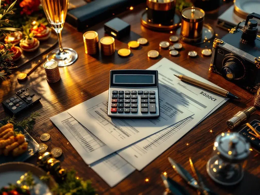 Calculator op houten bureau omringd door budgetdocumenten, muntstapels en evenementplanningsbenodigdheden met warme verlichting