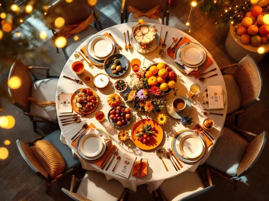 Feestelijk gedekte tafel met diverse plaatsinstellingen, rolstoeltoegankelijke plek en inclusieve menukaarten in oranje en blauw
