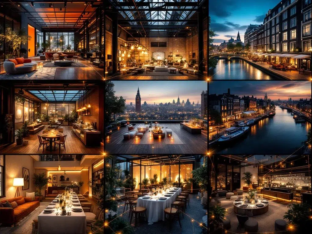 Zes elegante feestlocaties in Amsterdam verbonden met gouden lijnen, bovenaanzicht met champagne en sfeerverlichting
