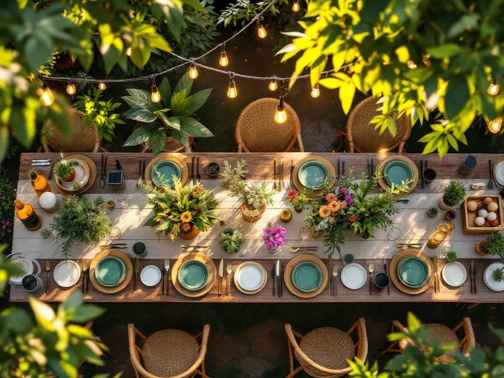 Duurzame bedrijfsfeest opzet met bamboe servies, herbruikbare glazen en zonne-energie verlichting op houten tafels buiten
(Note: This is 124 characters including spaces)