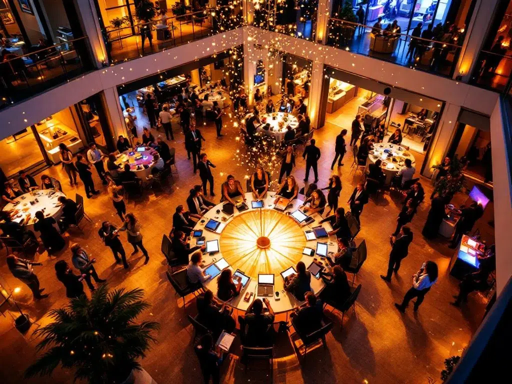 Luchtfoto van bedrijfsfeest in Amsterdam met teambuilding activiteiten, spelstations en professionele groepen in modern evenementenruimte